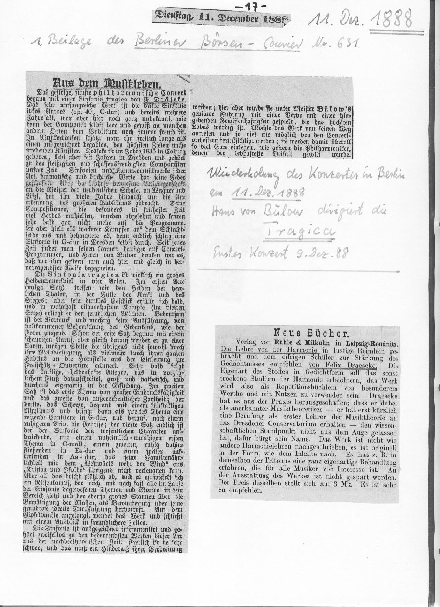 Sinfonie Nr 3 (Sinfonia tragica), Hans von B&uuml;low - Berliner B&ouml;rsen-Courier 11 Dez 1888