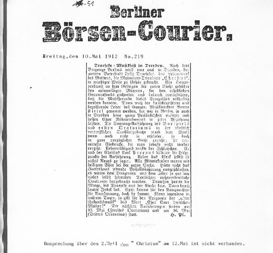 Felix Draesekes Christus (Berliner B�rsen-Courier  1912)