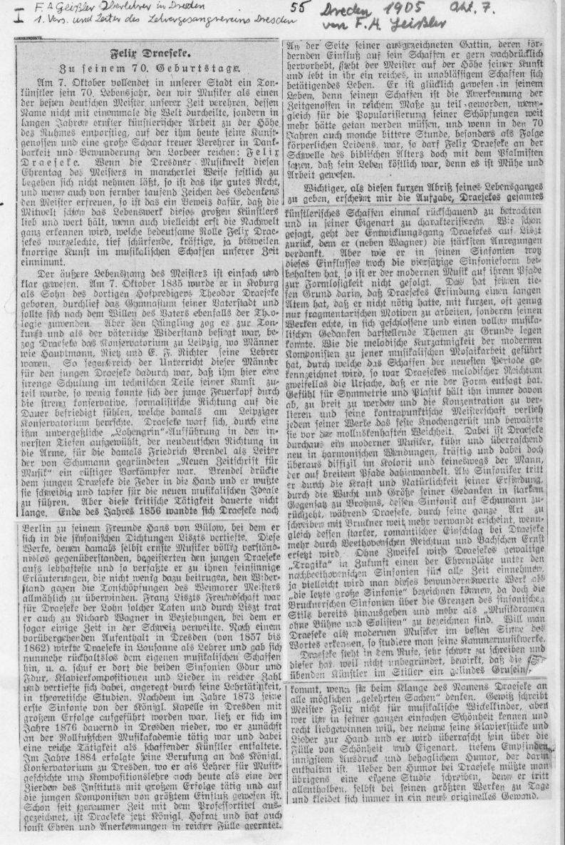 F.A.Gei�ler: Zum 70. Geburtstag Felix Draeseke (Dresden, 7 Okt 1905)