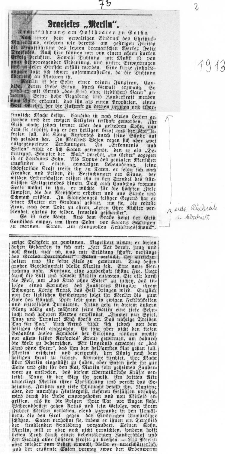 Gotha Hoftheater: Urauff&uuml;hrung der Oper Merlin, 1913 