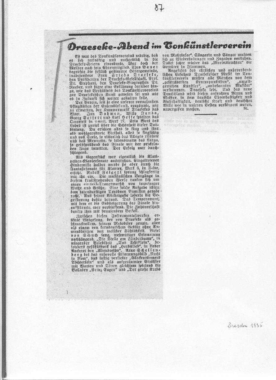 Ausklang der Draeseke-Feier-Woche in Dresden; Ehrung am Grabe, Konservatorium, Tonk&uuml;nstlerverein (Dresden, 1935) 