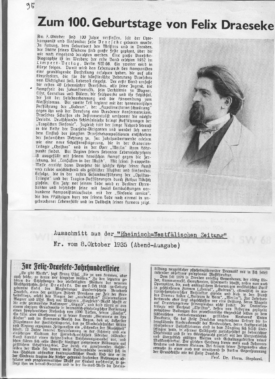 Zum 100. Geburtstag von Felix Draeseke; Zur Felix-Draeseke-Jahrhundertfeier (Dr. Hermann Stephani, Rheinisch-Westf&auml;lischen Zeitung (8 Okt 1935) 