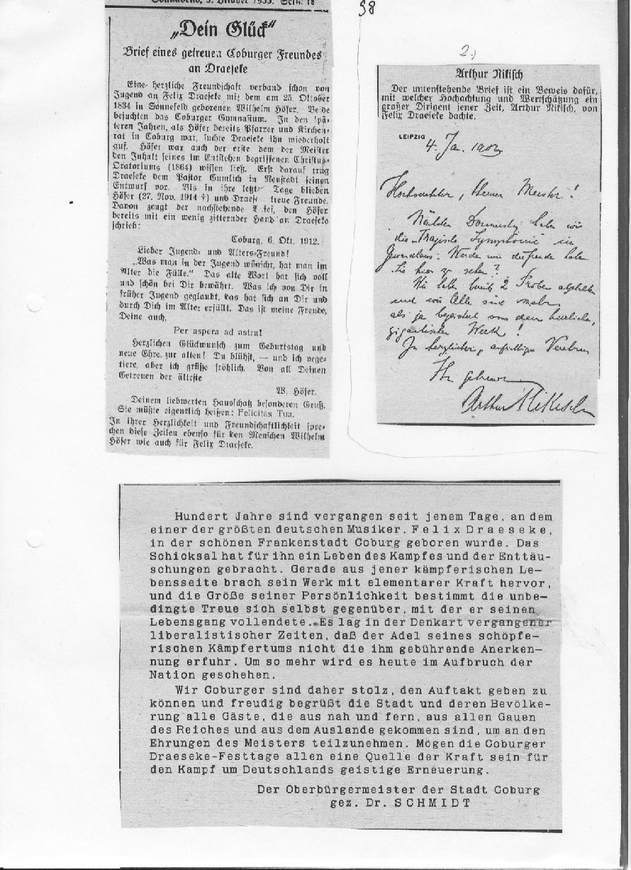 Dein Gl&uuml;ck- Brief eines getreuen Coburger Freundes an Draeseke (Arthur Nikitch); Oberb&uuml;rgermeister der Stadt Coburg, Dr Schmidt (Coburg, 5 Okt 1935) 