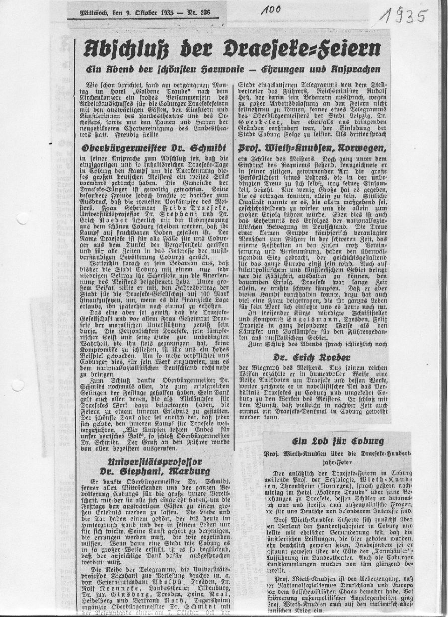 Anschlus den Draeseke-Feiern, Ein Abend der sch&ouml;nsten Harmonie: Oberb&uuml;rgermeister Dr. Schmidt - Universit&auml;tsprofessor Dr. Stephani, Marburg - Prof. Wieth-Knudsen, Norwgen - Dr. Erich Roeder (Coburg, 9 Okt 1935)