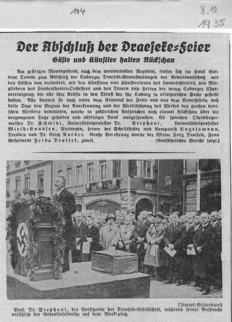 Abschlu&szlig; den Draeseke-Feiern; Professor Dr. Stephani (Coburg, 8 Okt 1935)