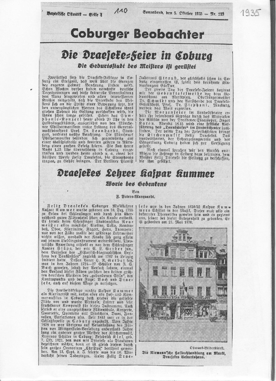 Die Draeseke-Feier in Coburg: Die Geburtsstadt des Meisters ist ger&uuml;ftet; Draesekes Lehrer Kaspar Kummer (Coburger Beobachter, 5 Okt 1935)