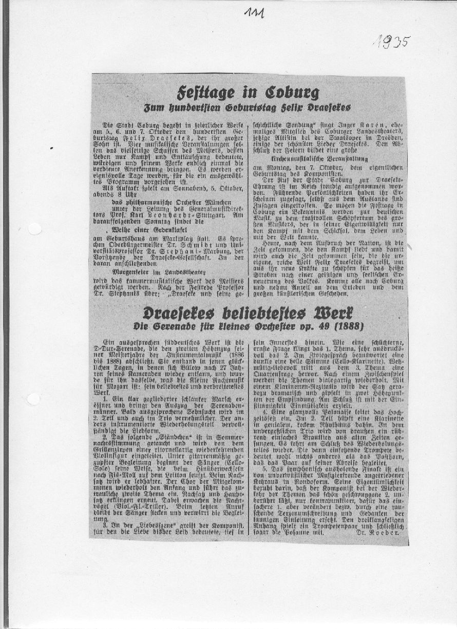 Die Draeseke-Feier in Coburg: Die Geburtsstadt des Meisters ist ger&uuml;ftet; Draesekes Lehrer Kaspar Kummer (Coburger Beobachter, 5 Okt 1935)