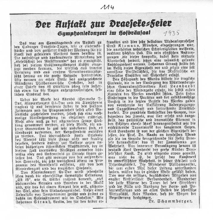 Der Auftakt zur Draeseke-feier: Symphoniekonzert im Hofbr&auml;usaal (Dr. Schammberger, Coburg, 7 Okt 1935) 