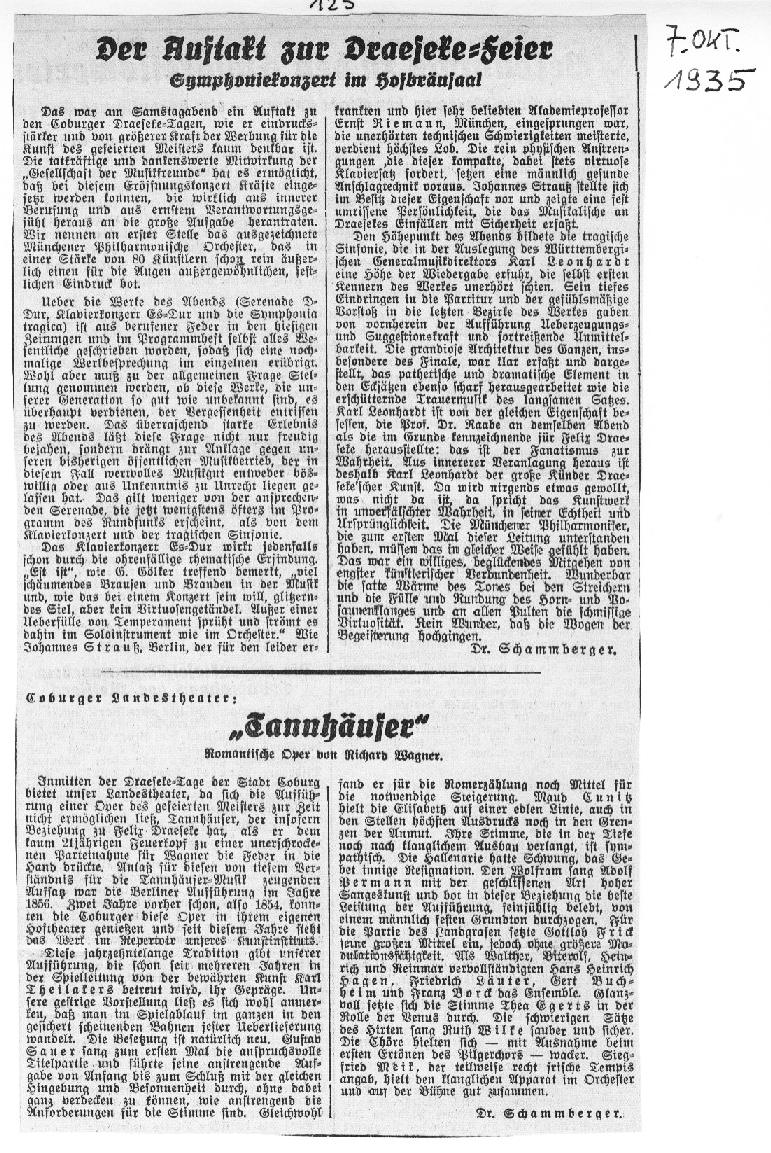 Der Auftakt zur Draeseke-feier: Symphoniekonzert im Hofbr&auml;usaal + Tannh&auml;user (Dr. Schammberger, Coburg, 7 Okt 1935) 