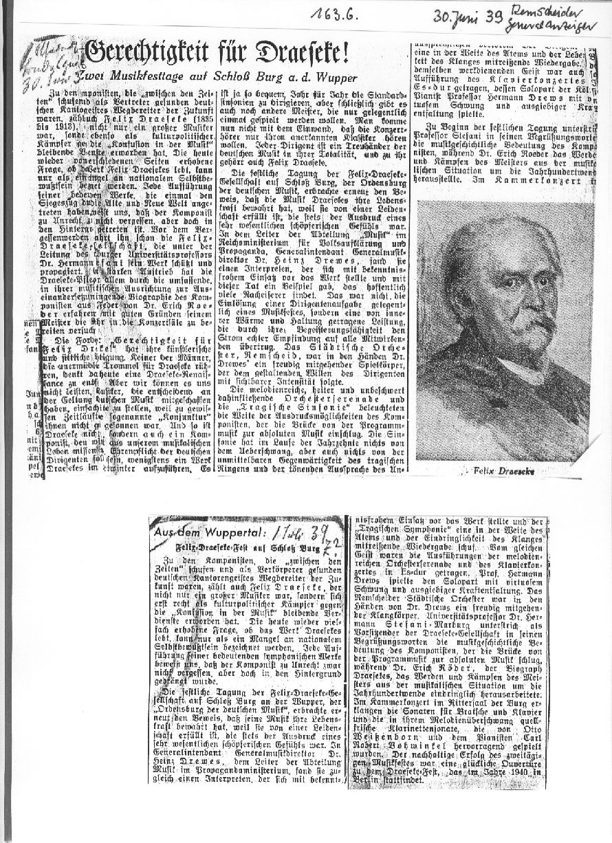 Gerechtigkeit f&uuml;r Draeseke - Schlo&szlig; Burg an der Wupper (30 Juni 1939)