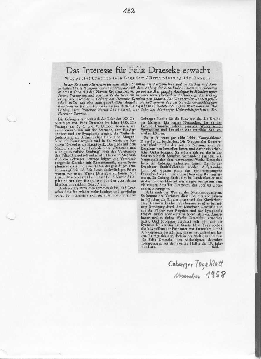 Das Interesse f&uuml;r Felix Draeseke erwacht (H. Schleder, Coburger Tageblatt, Nov 1958)