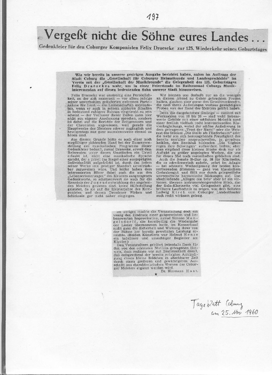 Verge�t nicht die S�hne eures Landes (Dr. Hermann Haas, Tageblatt Coburg, 25 Nov 1960) 