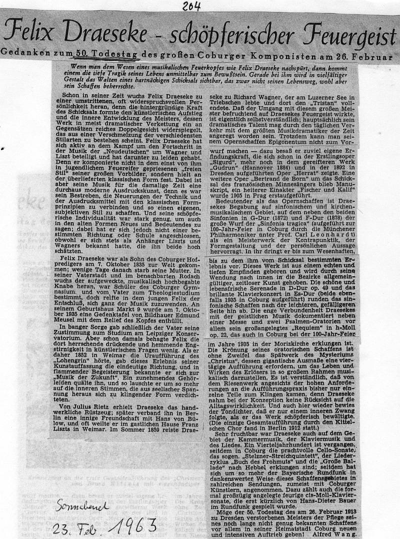 Felix Draeseke - sch�pferischer Feuergeist - 50.Todestag (Alfred Wang 23 Feb 1963)