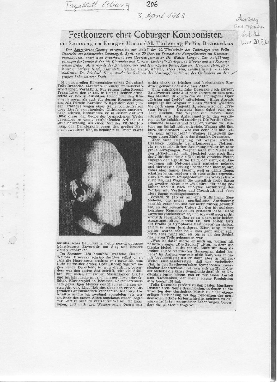Festkonzert zum 5. Todestag Draesekes im Kongre&szlig;haus Coburg (Coburger Tageblatt, 3 Apr 1963) 