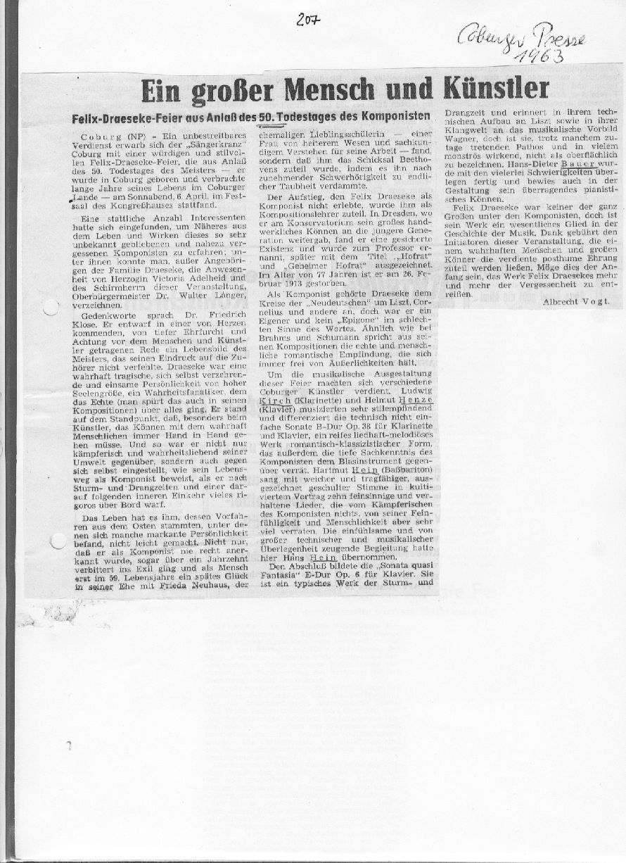 Ein gro&szlig;er Mensch and K&uuml;nstler (Albrecht Vogt, Coburger Presse, 1963) 