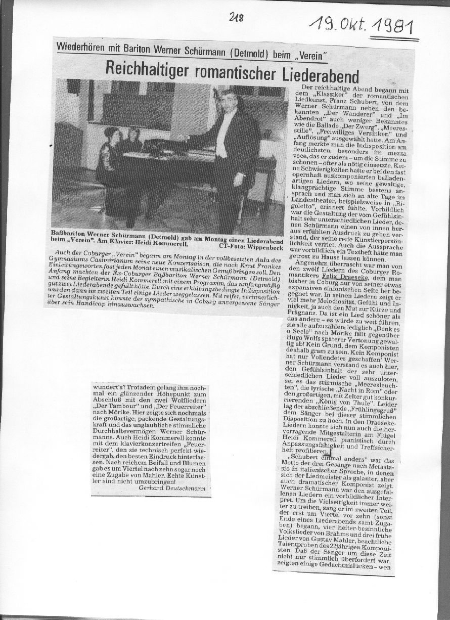 Romantischer Liederabend beim Verein; Bariton Werner Sch&uuml;rmann (Gerhard Deutschmann, 19 Okt 1981) 