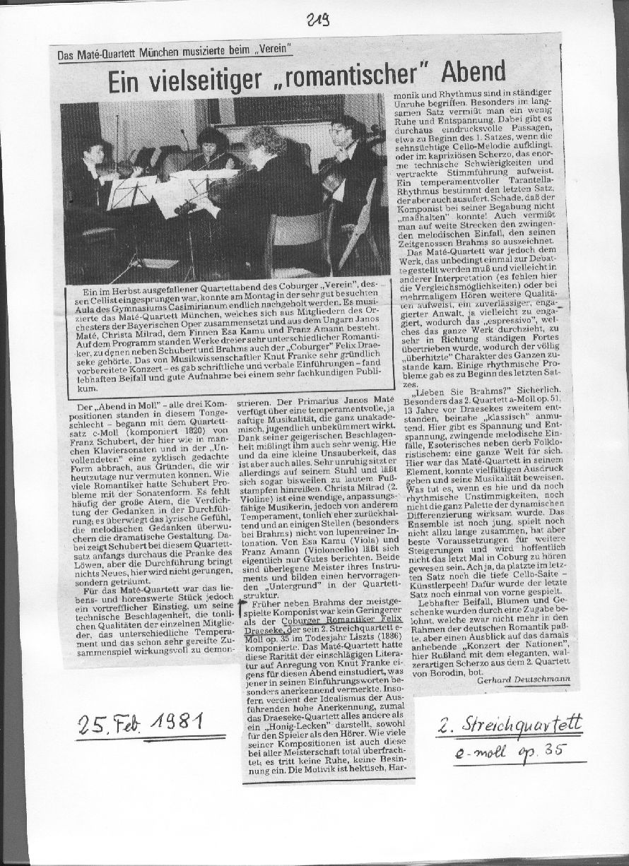 Mat&eacute;-Quartett M&uuml;nchen: 2. Streichquartett E-moll, op.35 Verein (Gerhard Deutschmann, 25 Feb 1981) 