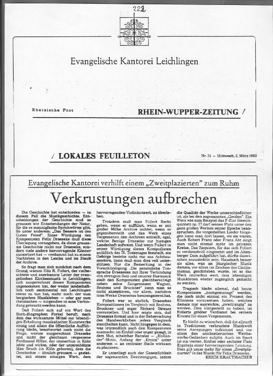 Vier Konzerte f&uuml;r Felix Draeseke: Die Zeitgenossen waren sein Schicksal, von Erich Krautmacher (1983)