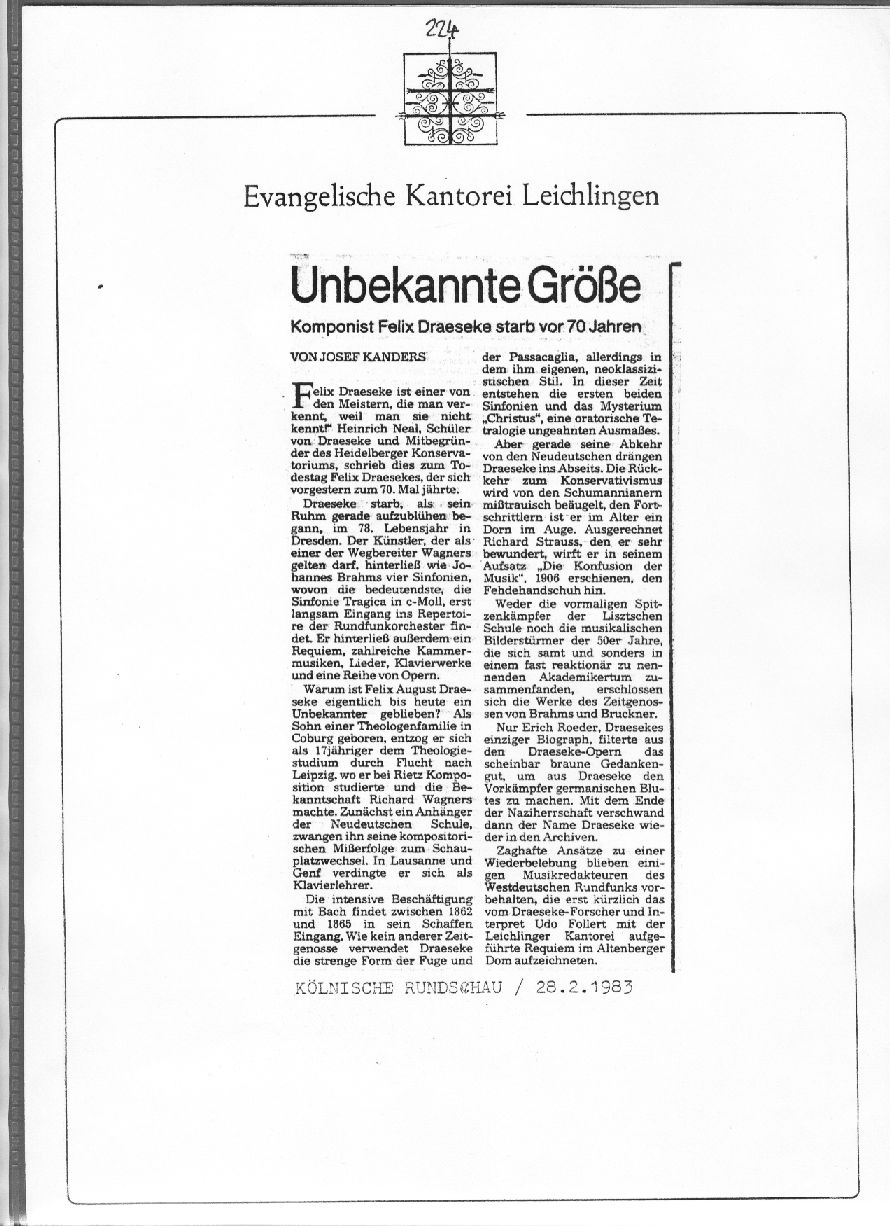 Kantorei Leichlingen: Unbekannte Gr&ouml;&szlig;e - Komponist Felix Draeseke starb vor 70 Jahren (Josef Kanders, Kolnische Rundschau, 28 Feb 1983) 