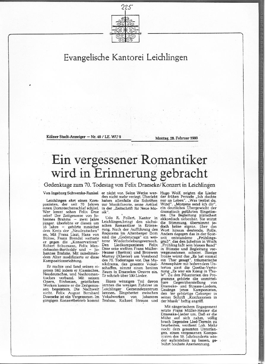 Kantorei Leichlingen: Ein vergessener Romantiker wird in Erinnerung gebracht - Gedenktage zum 70. Todestag von Felix Draeseke (K&ouml;lner Stadt-Anzeiger 28 Feb 1983) 