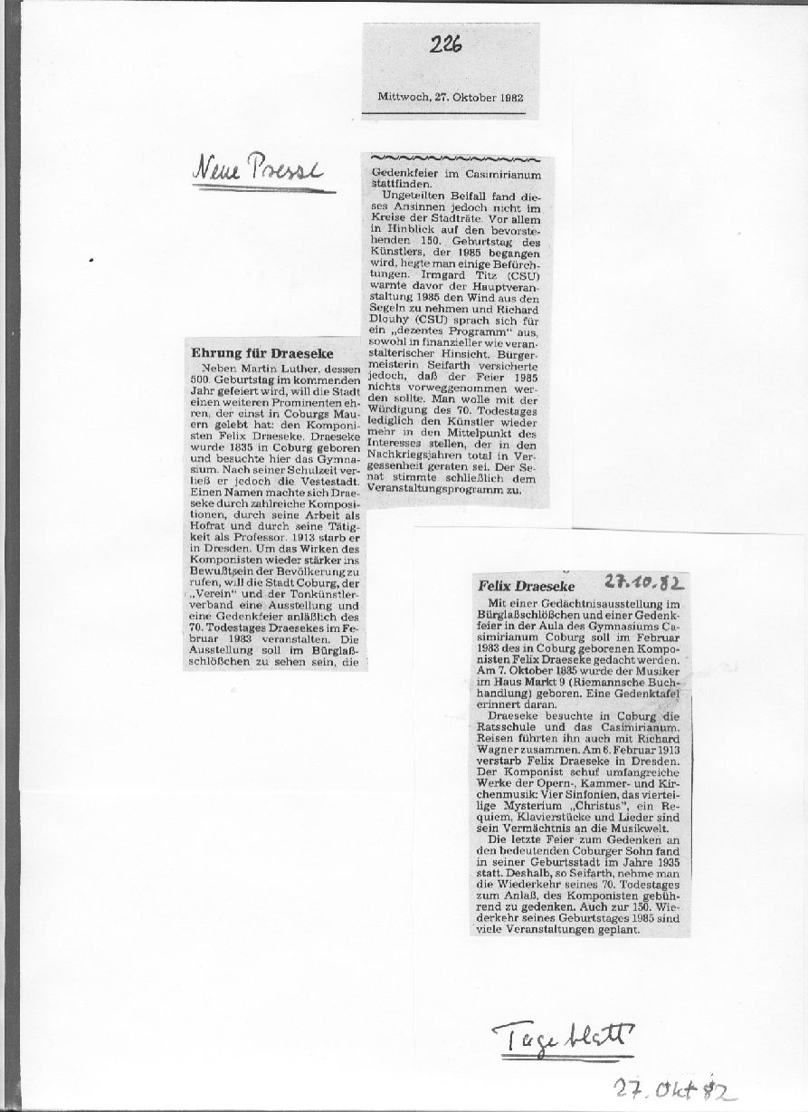 Ehrung f&uuml;r Draeseke (Neue Presse; Coburger Tageblatt, 27 Okt 1982)