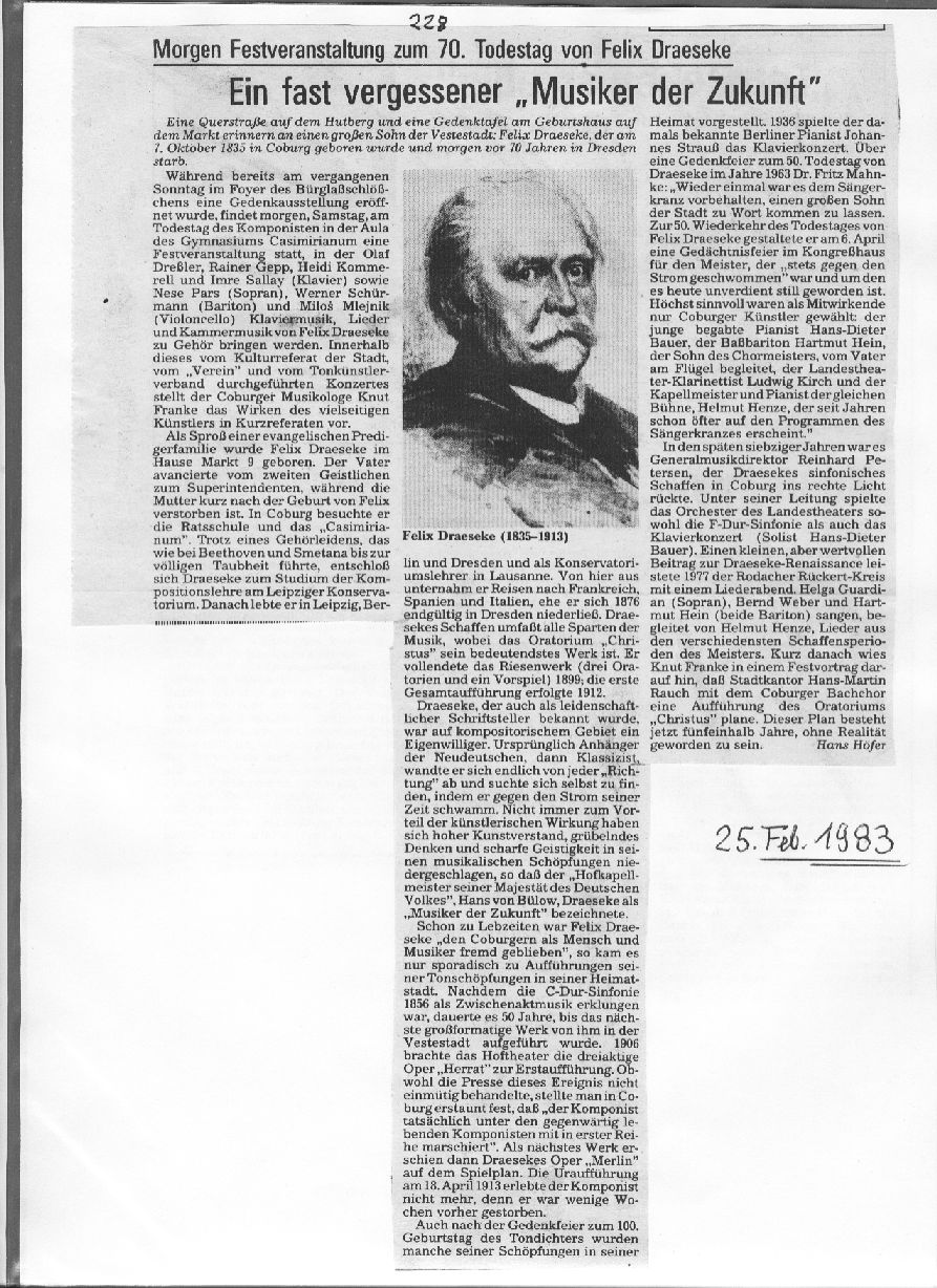 70. Todestag von Felix Draeseke: Ein fast vergessener "Musiker der Zukunft" (Hans H&ouml;fer, 25 Feb 1983) 