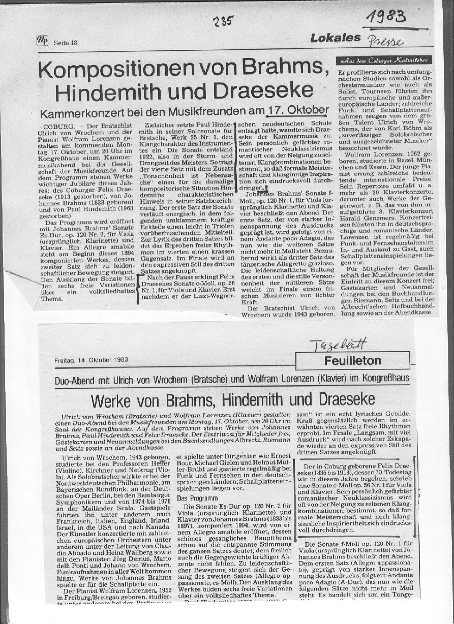 Auff&uuml;hrung der Sonate C-moll op-56 Nr.1 f&uuml;r Viola und Klavier (Coburger Tageblatt; Neue Presse, Okt 1983) 