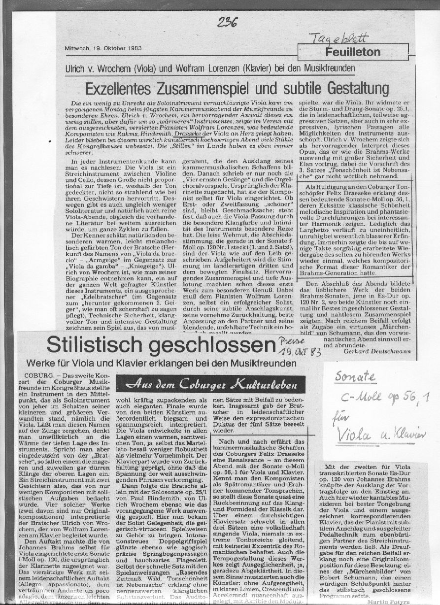 Auff&uuml;hrung der Sonate C-moll op-56 Nr.1 f&uuml;r Viola und Klavier (Coburger Tageblatt; Neue Presse, Okt 1983) 