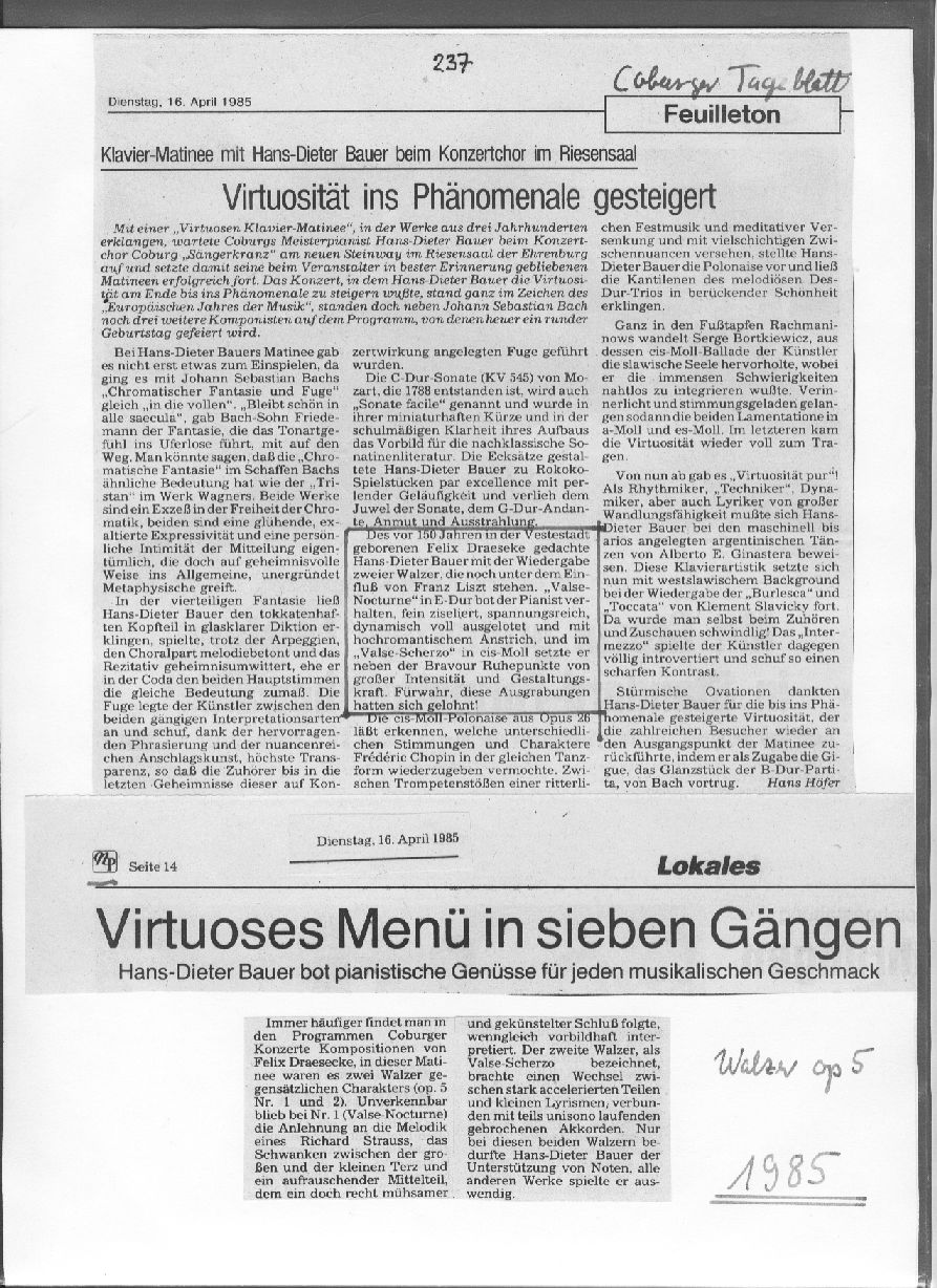 Auff&uuml;hrung Nocturne E-dur, Scherzo Cis-moll op. 5 Nr. 1 u. 2 (Neue Presse; Coburger Tageblatt, Apr 1985) 