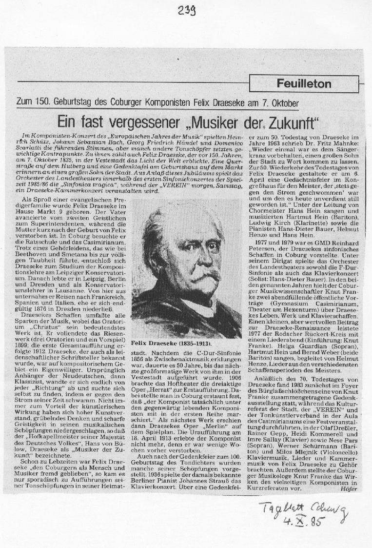 Zum 150. Geburtstag Felix Draesekes: H&ouml;fer, Franke, Ebert (Okt 1985)
