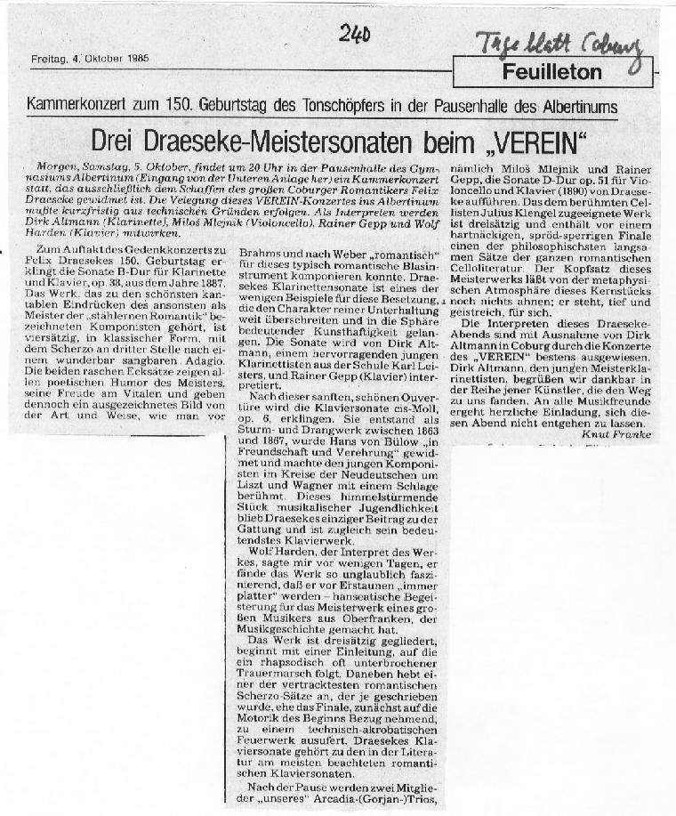 Zum 150. Geburtstag Felix Draesekes: H&ouml;fer, Franke, Ebert (Okt 1985)