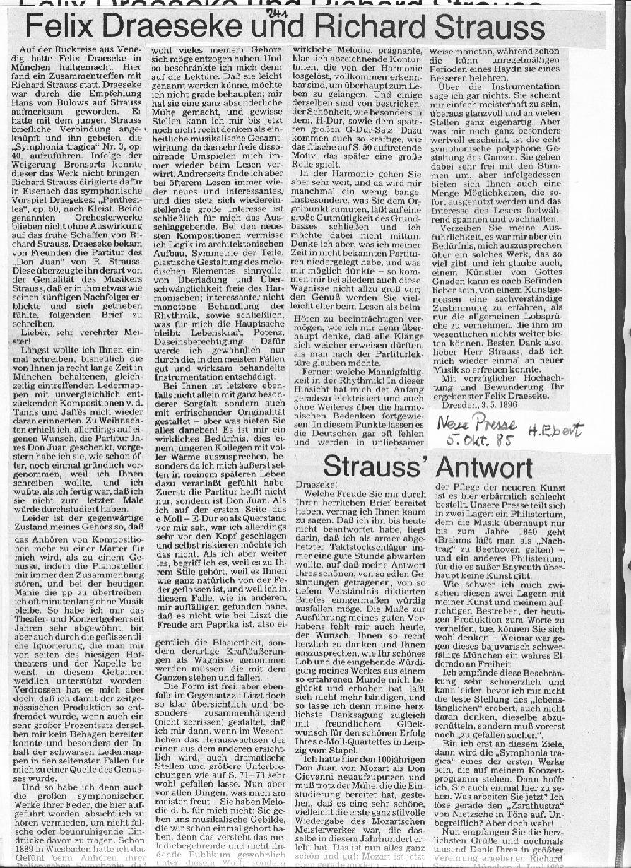 Zum 150. Geburtstag Felix Draesekes: H&ouml;fer, Franke, Ebert (Okt 1985)