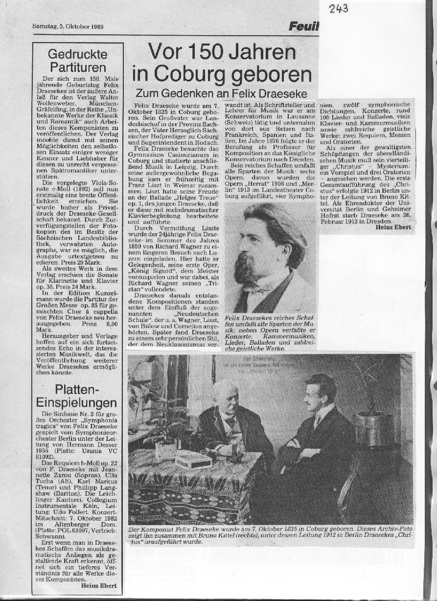 Zum 150. Geburtstag Felix Draesekes: H&ouml;fer, Franke, Ebert (Okt 1985)