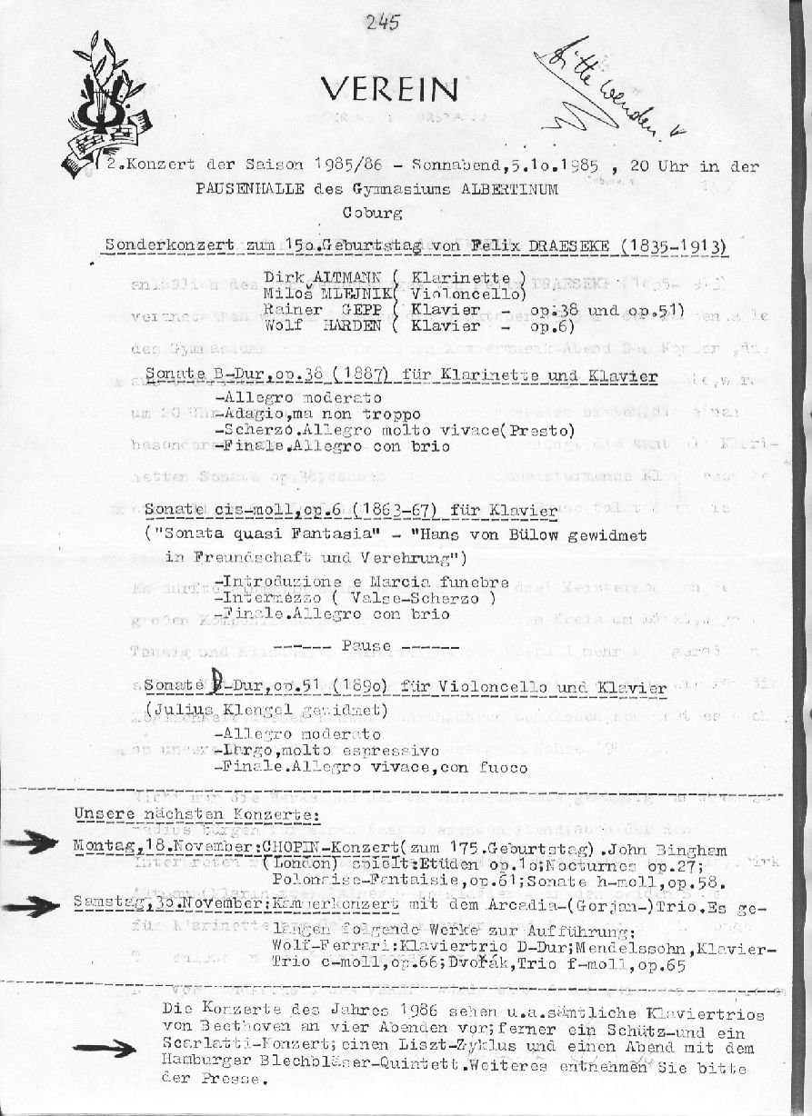 Verein: Konzert (Pausenhalle des Gymnasiums Albertinum, Coburg): Sonata f&uuml;r Klarinette und Klavier op. 38; Sonata f&uuml;r Klavier op. 6;Sonata f&uuml;r Violoncello und Klavier op.51 (5 Okt 1985) 