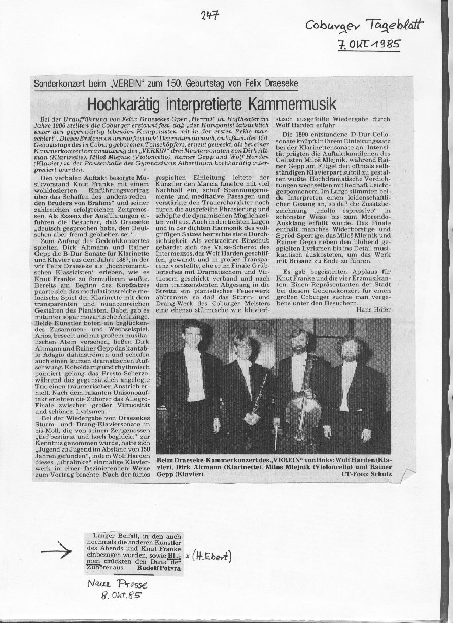 Hochkar&auml;tig interpretierte Kammermusik b.Verein (Hans H&ouml;fer, Coburger Tageblatt, 7 Okt 1985) 