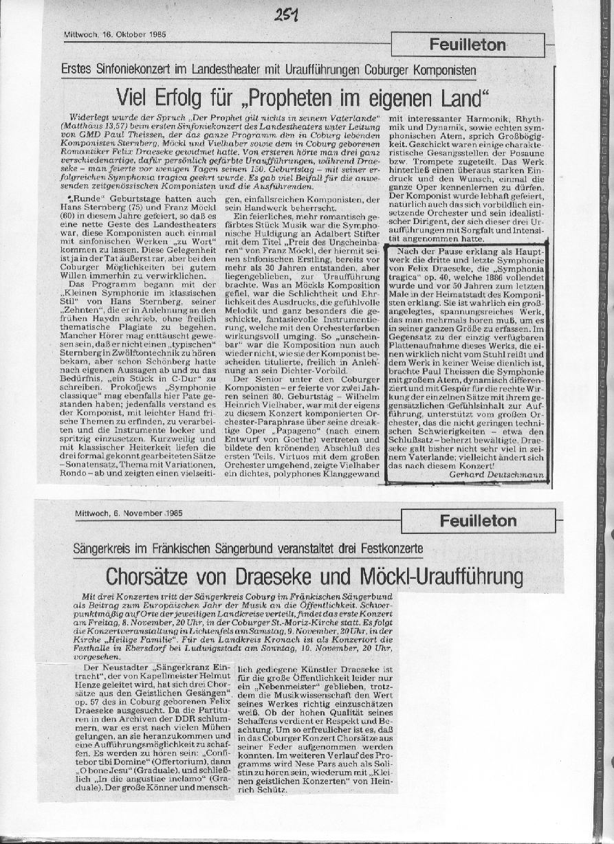 Drei geistliche Chors&auml;tze op. 57 beim Fr&auml;nkischen S&auml;ngerbund (6 Nov 1985) - Propheten im eigenen Land (Gerhard Deutschmann, 16 Okt 1985)