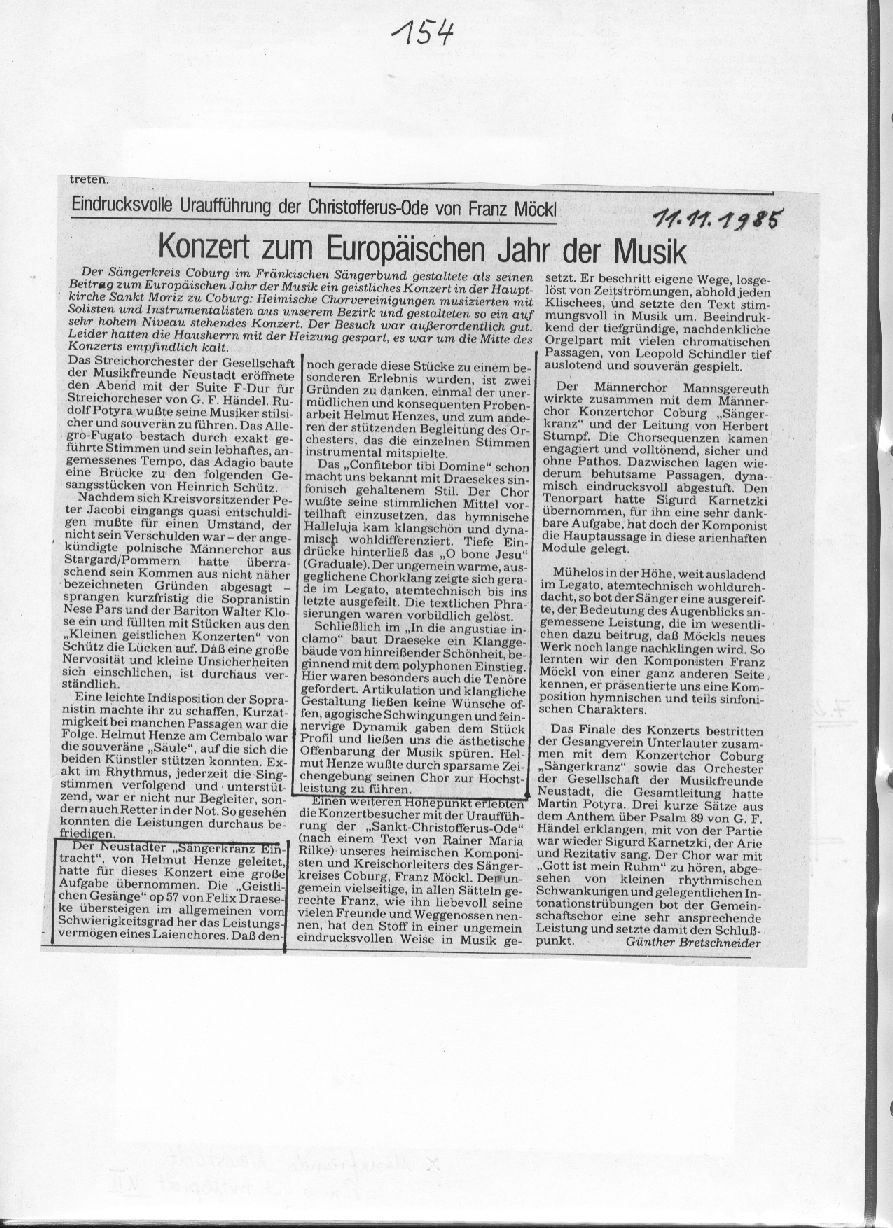 Eintracht Neustadt, Geistliches Konzert zum Europ�ischen Jahr der Musik 1985, op. 57 f�r gem. Chor von Felix Draeseske 1985