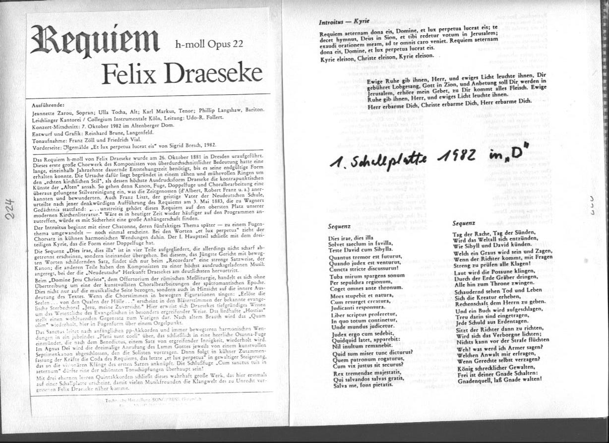 Felix Draeseke: Requiem h-moll, op. 22, Udo-R. Follert, Collegium Instrumentale K&ouml;ln, Altenberg 1982