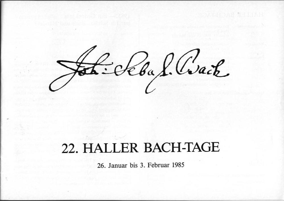 22. Haller Bach-Tage (26 Jan-3 Feb 1985): Bach, Sch&uuml;tz, H&auml;ndel, et al.; Draeseke Serenade D-dur, op. 69, Collegium Instrumentale Koln, Udo-R Follert 