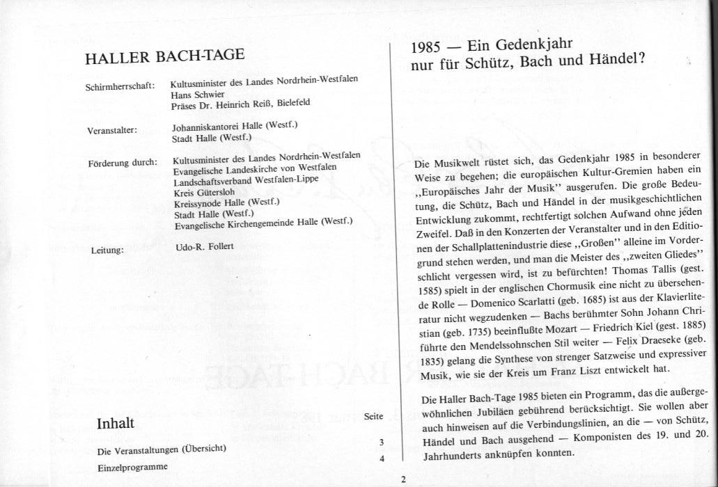 22. Haller Bach-Tage (26 Jan-3 Feb 1985): Bach, Sch&uuml;tz, H&auml;ndel, et al.; Draeseke Serenade D-dur, op. 69, Collegium Instrumentale Koln, Udo-R Follert 