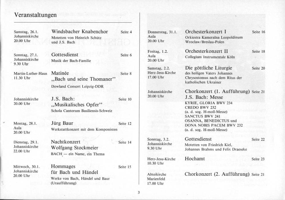 22. Haller Bach-Tage (26 Jan-3 Feb 1985): Bach, Sch&uuml;tz, H&auml;ndel, et al.; Draeseke Serenade D-dur, op. 69, Collegium Instrumentale Koln, Udo-R Follert 
