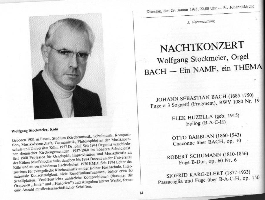 22. Haller Bach-Tage (26 Jan-3 Feb 1985): Bach, Sch&uuml;tz, H&auml;ndel, et al.; Draeseke Serenade D-dur, op. 69, Collegium Instrumentale Koln, Udo-R Follert 