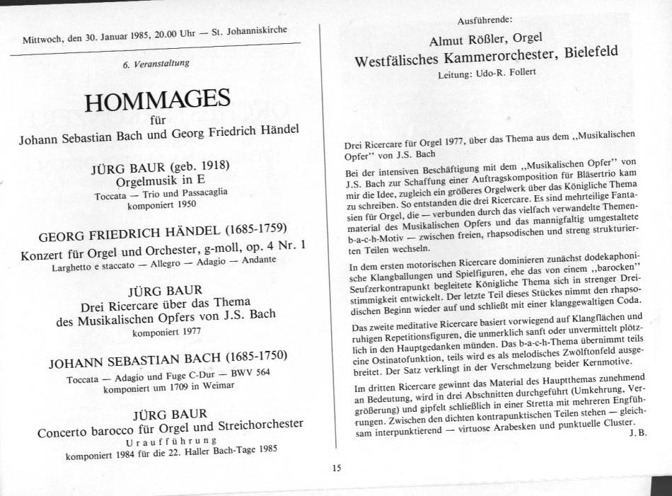 22. Haller Bach-Tage (26 Jan-3 Feb 1985): Bach, Sch&uuml;tz, H&auml;ndel, et al.; Draeseke Serenade D-dur, op. 69, Collegium Instrumentale Koln, Udo-R Follert 