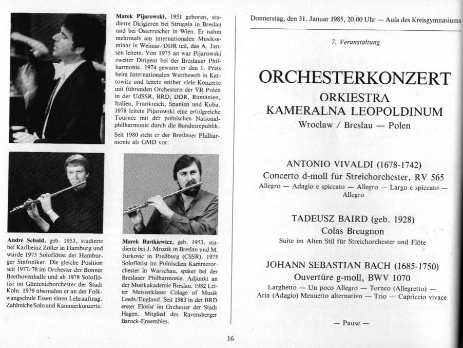 22. Haller Bach-Tage (26 Jan-3 Feb 1985): Bach, Sch&uuml;tz, H&auml;ndel, et al.; Draeseke Serenade D-dur, op. 69, Collegium Instrumentale Koln, Udo-R Follert 