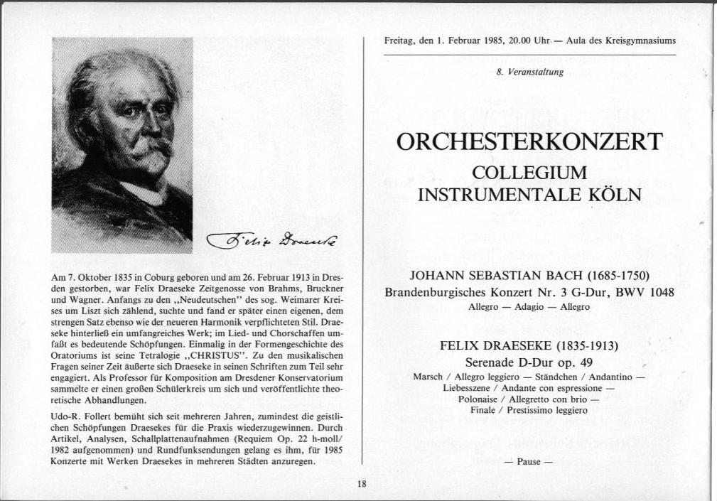 22. Haller Bach-Tage (26 Jan-3 Feb 1985): Bach, Sch&uuml;tz, H&auml;ndel, et al.; Draeseke Serenade D-dur, op. 69, Collegium Instrumentale Koln, Udo-R Follert 