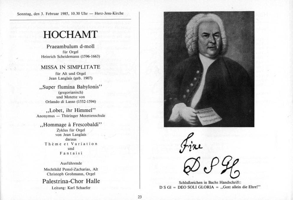 22. Haller Bach-Tage (26 Jan-3 Feb 1985): Bach, Sch&uuml;tz, H&auml;ndel, et al.; Draeseke Serenade D-dur, op. 69, Collegium Instrumentale Koln, Udo-R Follert 