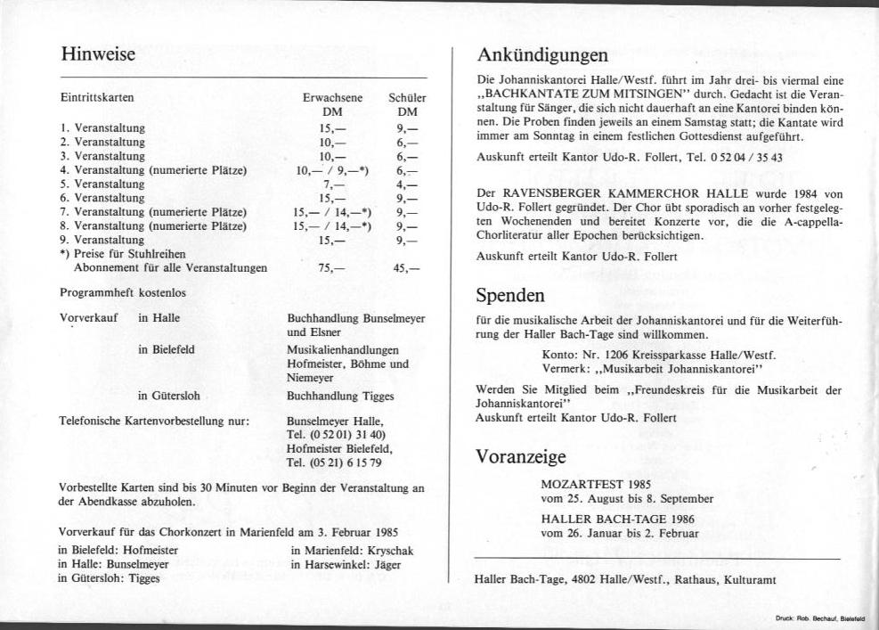 22. Haller Bach-Tage (26 Jan-3 Feb 1985): Bach, Sch&uuml;tz, H&auml;ndel, et al.; Draeseke Serenade D-dur, op. 69, Collegium Instrumentale Koln, Udo-R Follert 