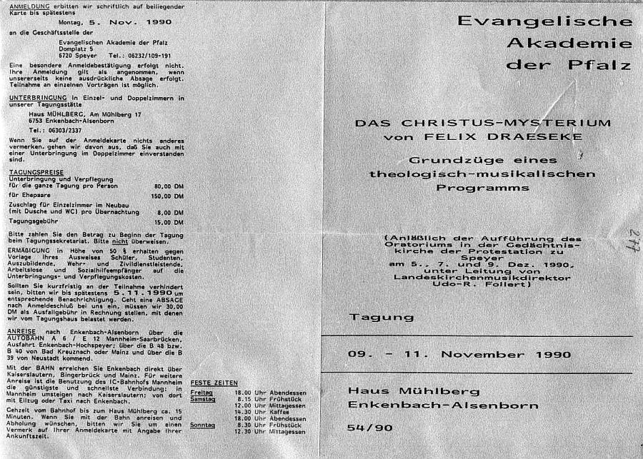 Evangelische Akademie der Pfalz: Das Christus Mysterium von Felix Draeseke - Grundz&uuml;ge eines theologisch-musikalischen Programms (9-11 Nov 1990 Enkenbach-Alsenborn)