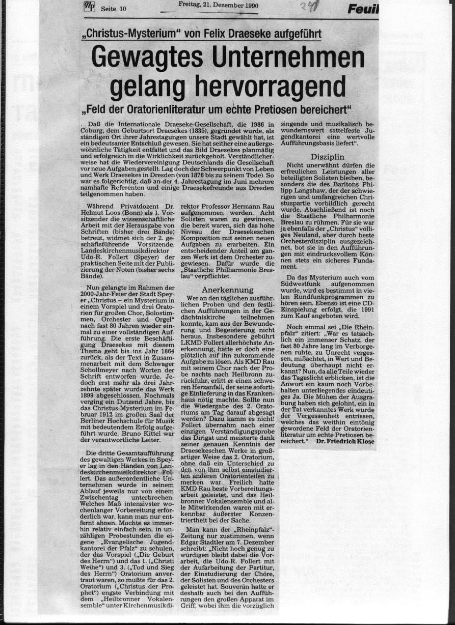 Friedrich Klose: "Christus Mysterium" von Felix Draeseke aufgef&uuml;hrt - Gewagtes Unternehmen gelang hervorragend (Neue Presse Coburg, 21 Dez 1990) 