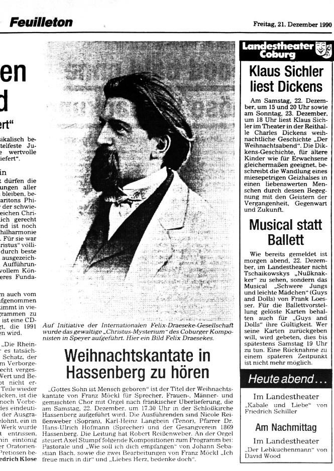 Friedrich Klose: "Christus Mysterium" von Felix Draeseke aufgef&uuml;hrt - Gewagtes Unternehmen gelang hervorragend (Neue Presse Coburg, 21 Dez 1990) 